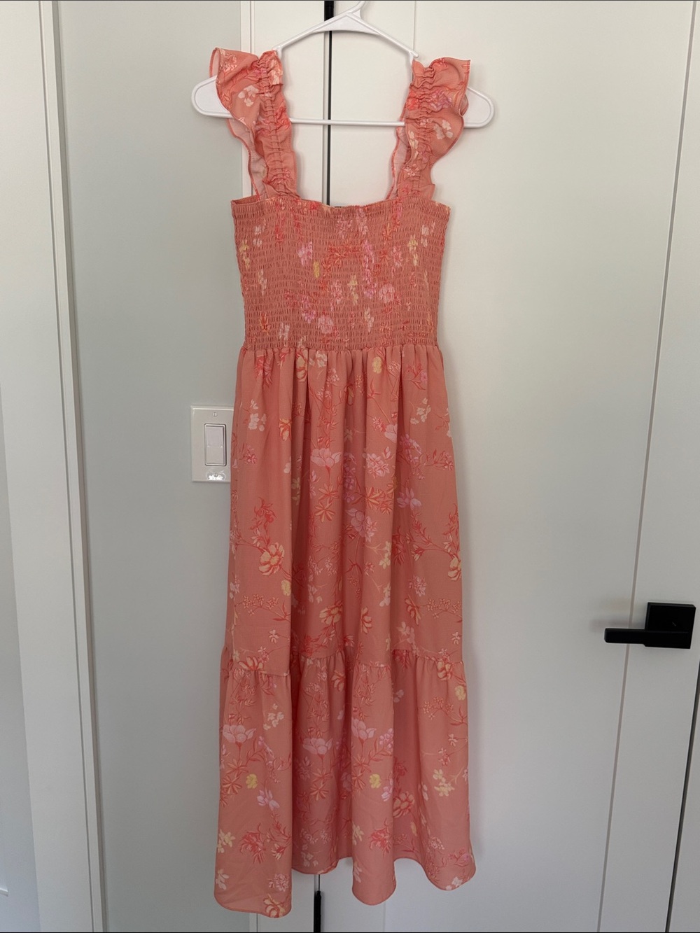 French Connection Coral Peach Floral Ruffle Strap Midi Dress